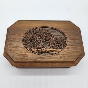 Vintage 1988 LaserCraft Wood Music Box Trinket Jewelry Box Woodland Scene USA